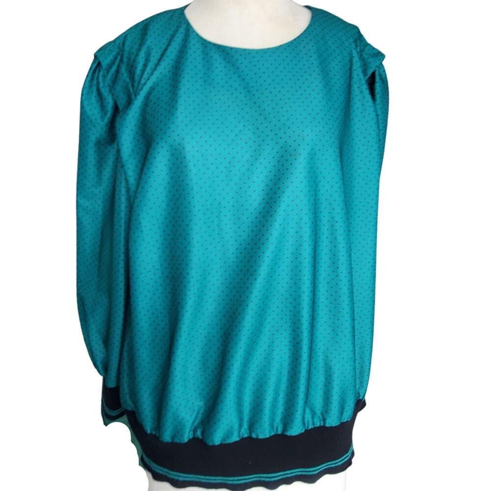 Vintage 80s Blouse Polka Dot Ribbed Hem Size Large
